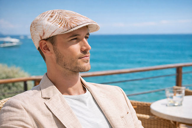 Casquette en lin homme portée en terrasse au bord de mer
