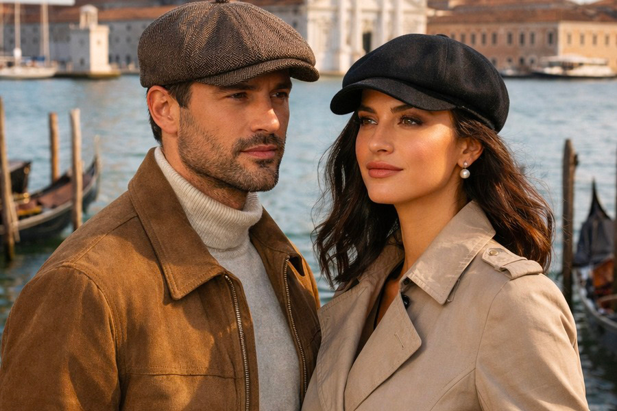 Casquettes fabriquées en Italie portées par un homme et une femme dans un style élégant