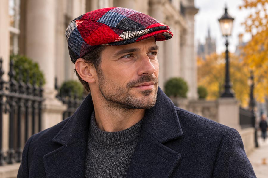 Homme portant une casquette anglaise plate patchwork