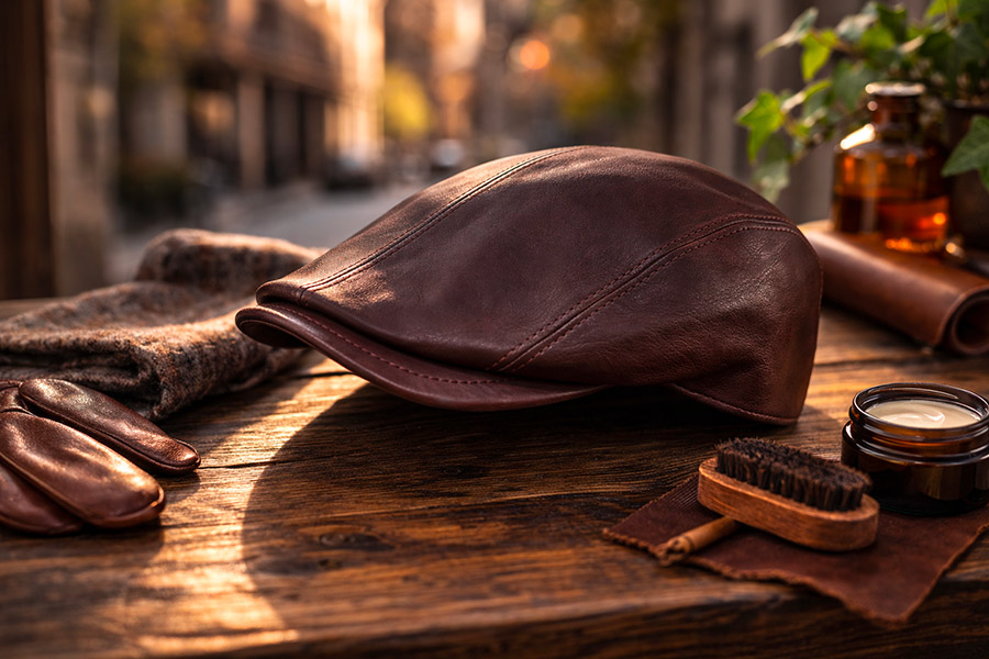 Casquette plate en cuir de veau nappa wax marron