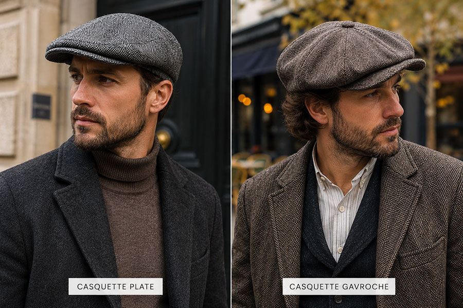 Comparatif entre une casquette plate et une casquette gavroche homme