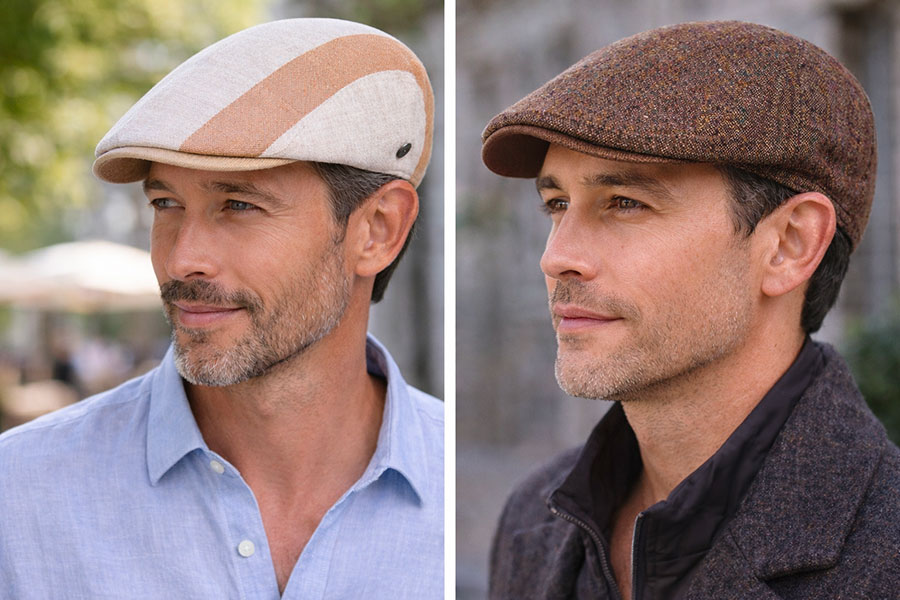 Casquette plate lin et tweed HatsQuality Casquette plate homme : modèle en lin beige pour l’été et modèle en tweed marron pour l’hiver