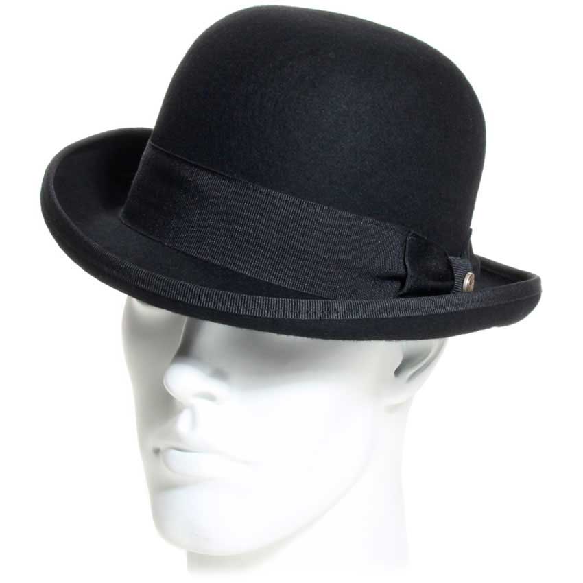 Chapeau Melon noir en feutre, forme ovale et bord relevé