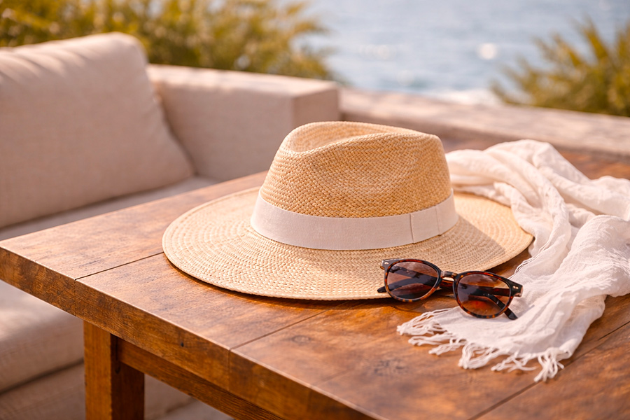 Chapeau de paille posé avec lunettes de soleil dans une ambiance estivale chic