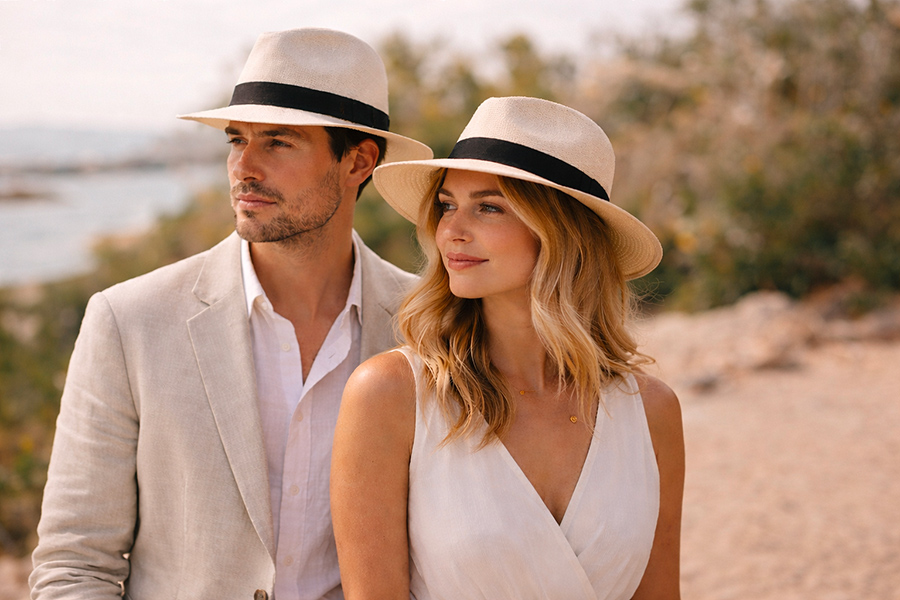 Chapeau panama homme et femme porté en été dans un style élégant