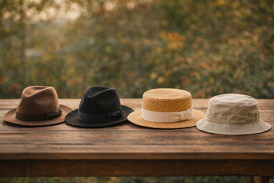 Comparatif des différents types de chapeaux : fedora, trilby, canotier et bob