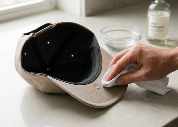 Enlever une tache sur une casquette avec un chiffon humide