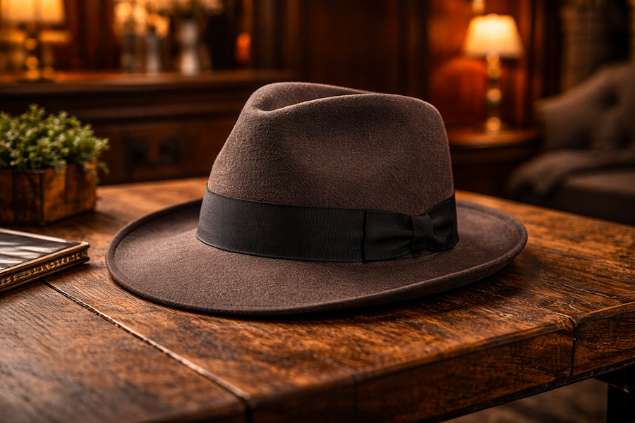 Chapeau fedora posé sur une surface en bois dans une ambiance élégante