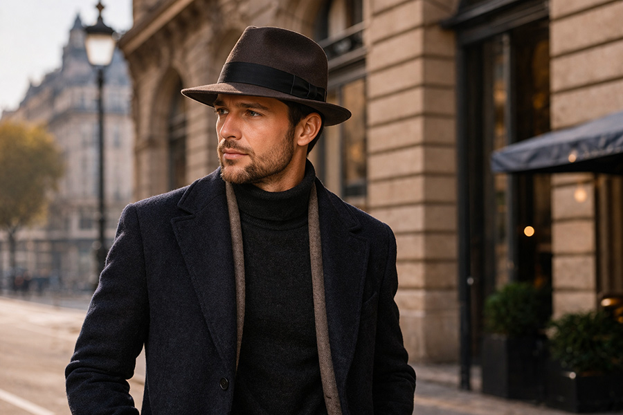 Homme portant un chapeau fedora dans un style élégant