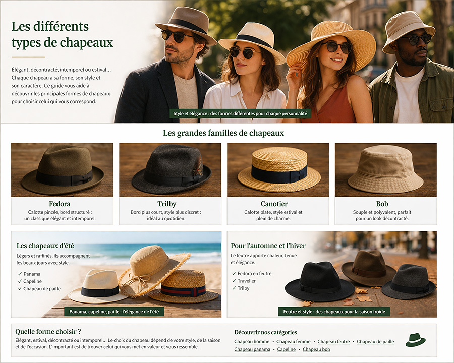 Différents types de chapeaux homme et femme : fedora, panama, capeline et bob