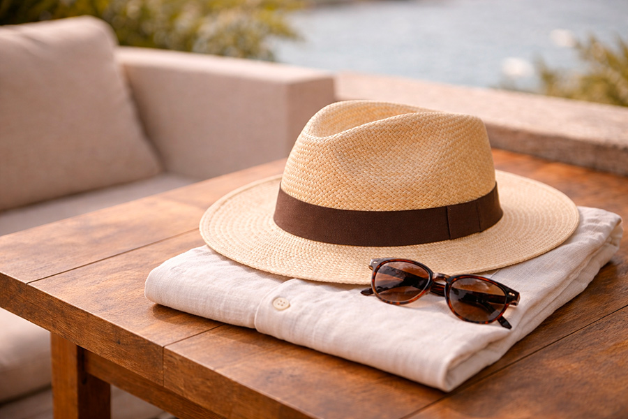 Chapeau panama posé avec lunettes de soleil et chemise en lin dans une ambiance estivale élégante