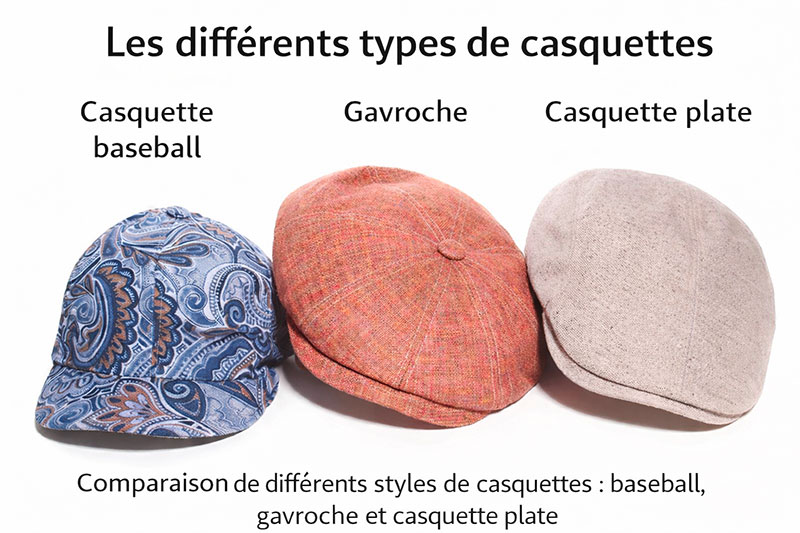 Différents types de casquettes : casquette baseball, gavroche et casquette plate
